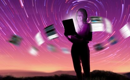 A graphic of a young woman in front of a sunset with swirling pages.